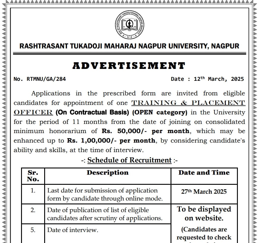 RTMNU Training and Placement Officer Appointment 2025: Check Eligibility, Application Process & All Details 5 nagpur university official site details pdf min