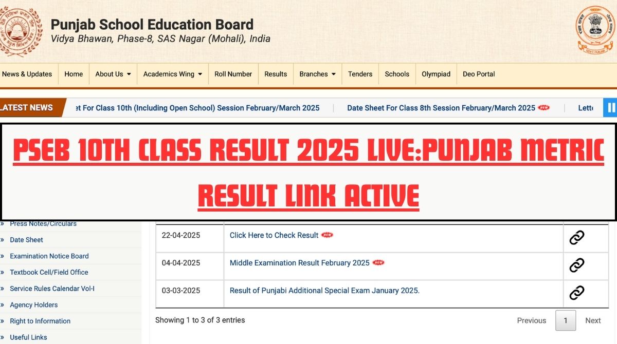 PSEB 10th Class Result 2025 Live