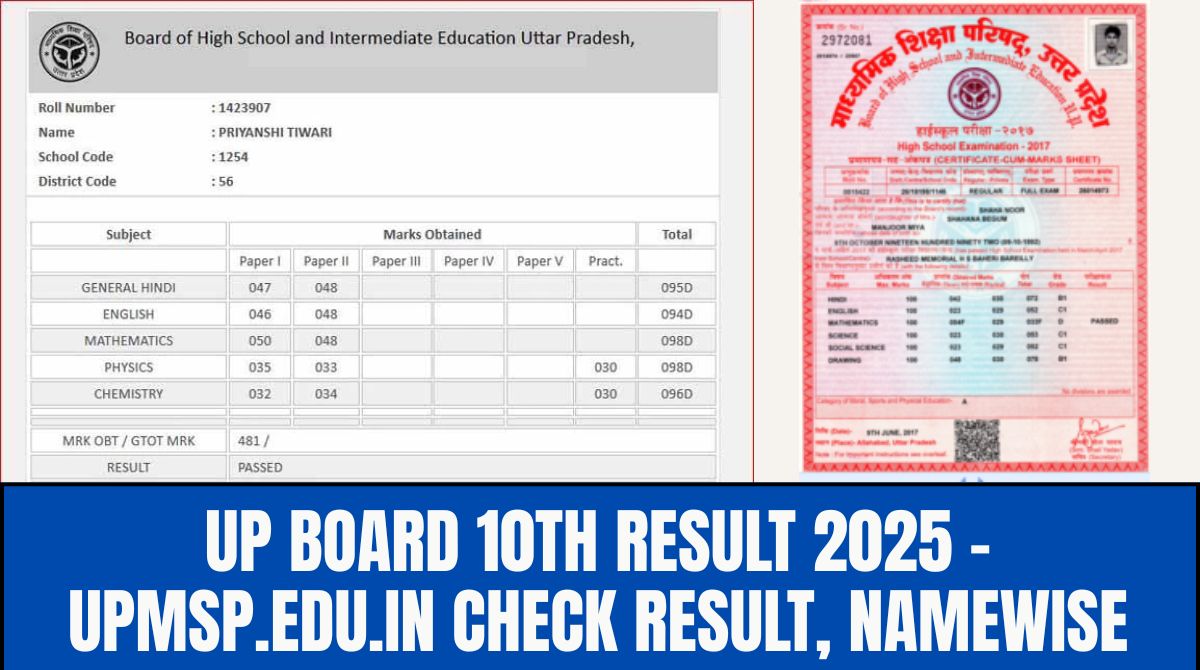 UP Board 10th Result 2025 - upmsp.edu.in Check Result, Namewise