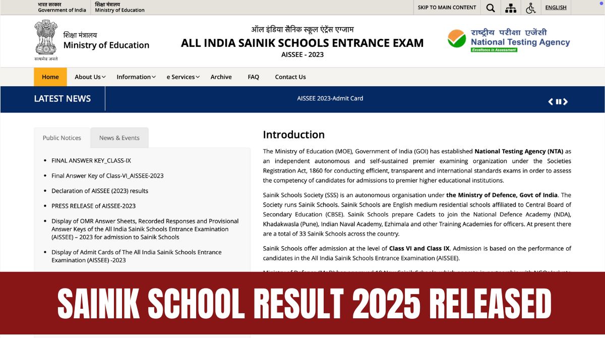 Sainik School Result 2025: Final List Release Date, 6th & 9th Class AISSEE Entrance Exam Scorecard